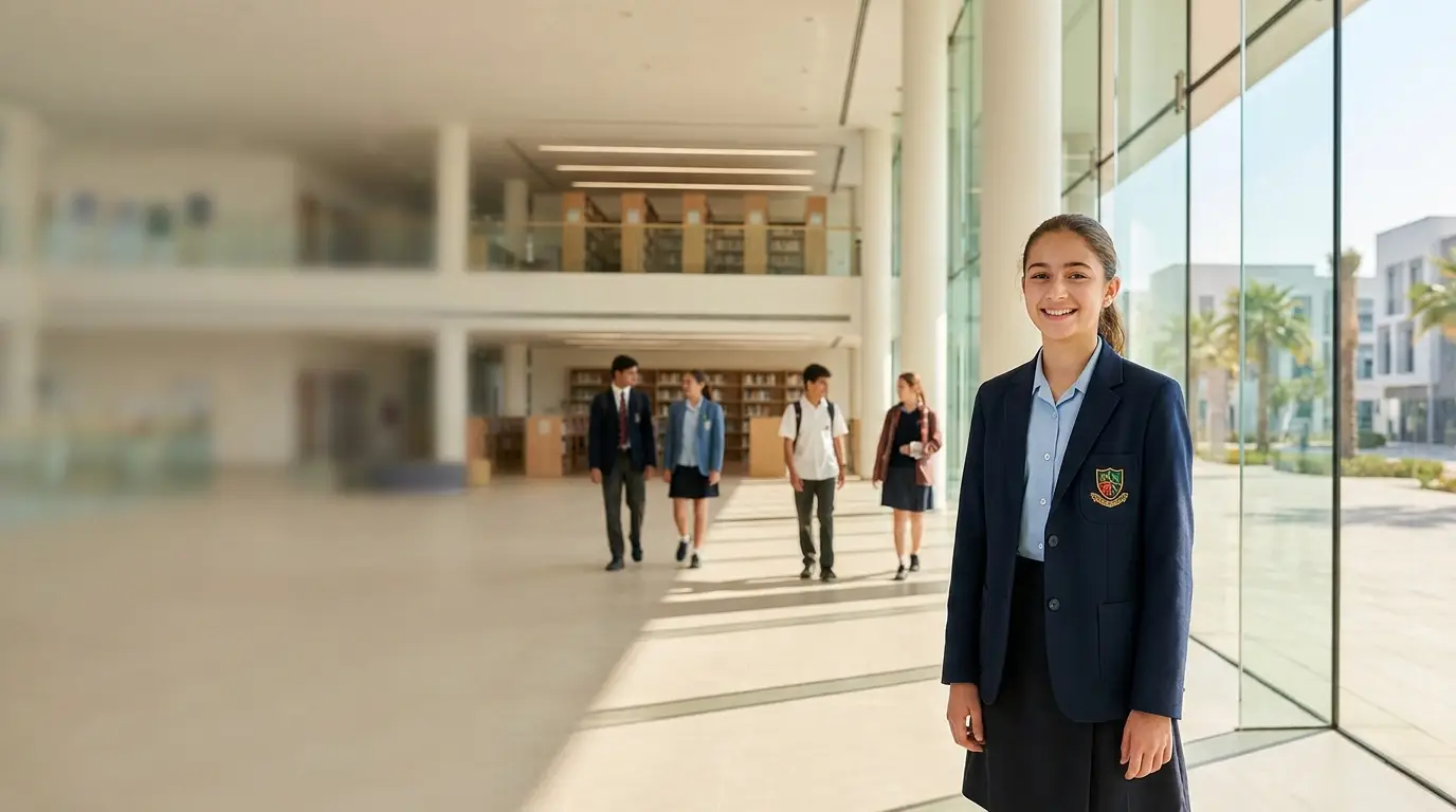 A smiling student at a modern UAE school campus